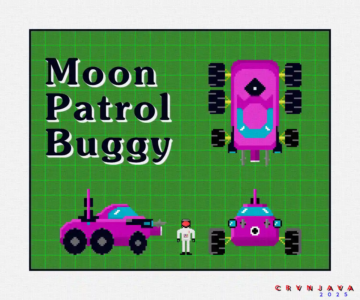 A pixel art image shows three pink, retro-futuristic vehicles and a small astronaut on a green grid background. The text…