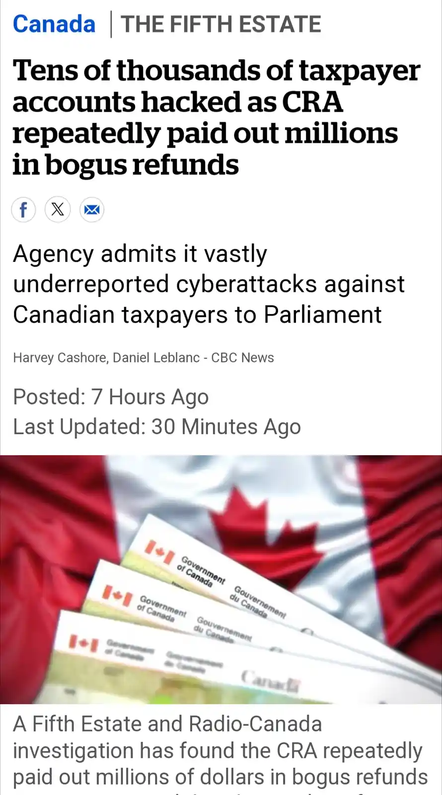 A screenshot of a CBC News article from 'The Fifth Estate' about Canadian tax fraud, showing a headline about hacked…