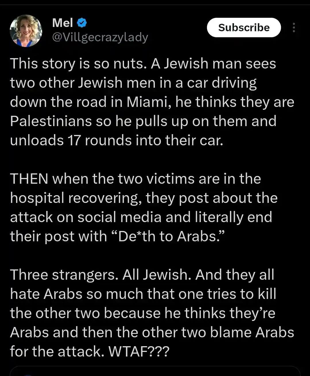 A screenshot of a Twitter post by user Mel (@Villgecrazy lady) describing a fictional story about three Jewish men in Miami…