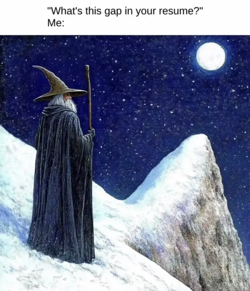 A wizard in a dark robe and pointed hat stands on a snowy mountain peak under a starry night sky with a full moon. The text…