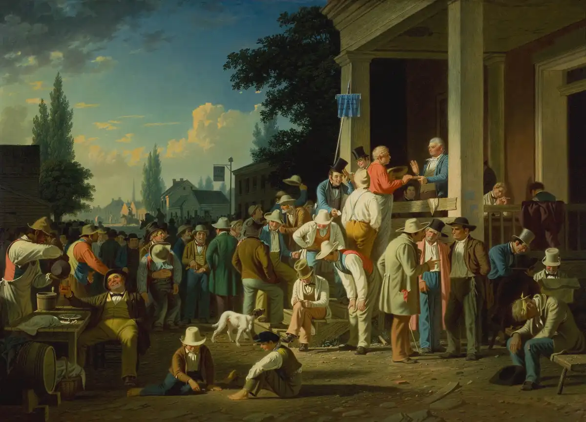 A historical painting depicts a bustling 19th-century American town scene with many men in period clothing gathered outside…