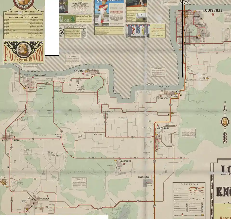 A vintage-style Knox County visitor map shows towns like Louisville, West Point, and Muldraugh with roads, forests, and…