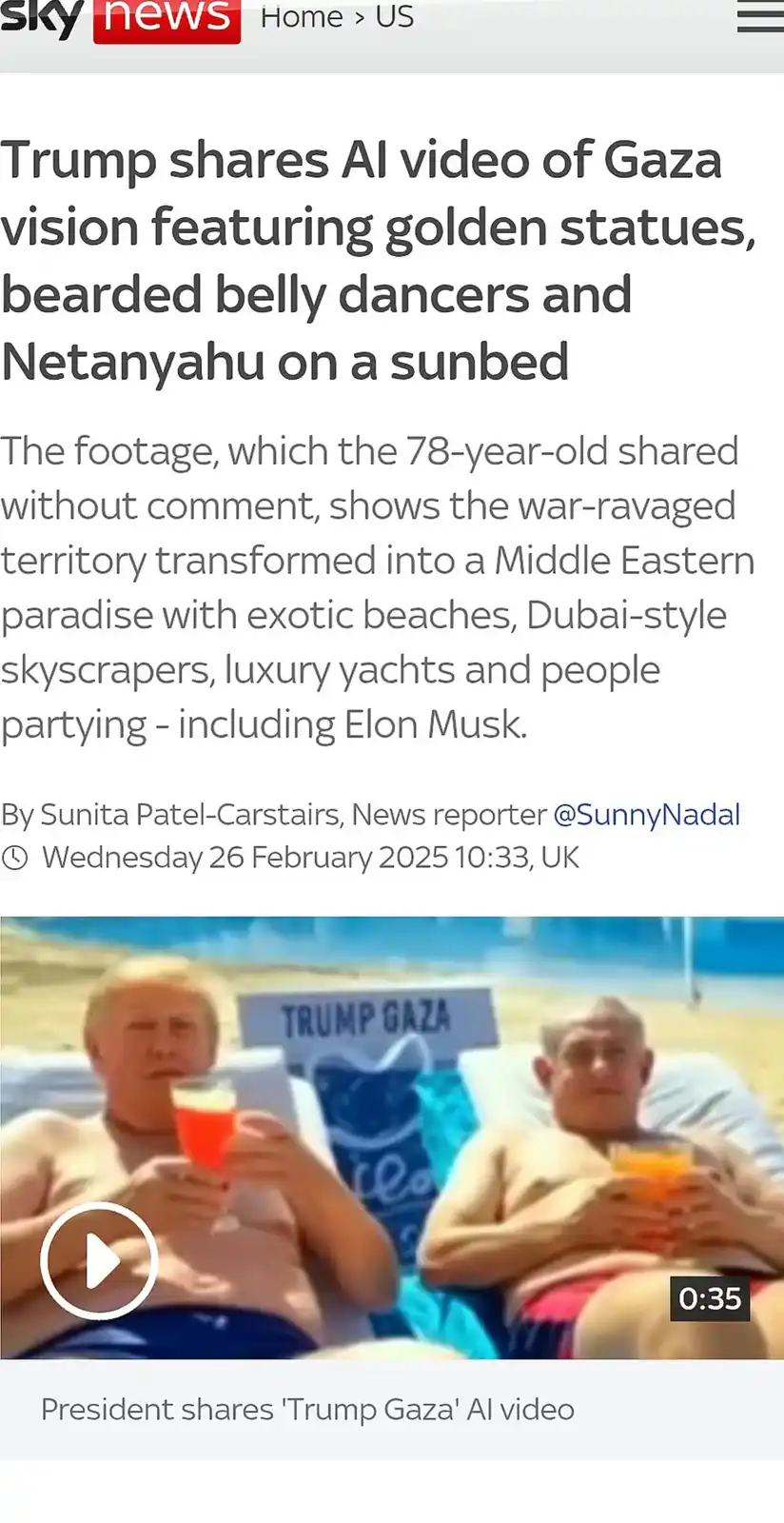 A screenshot of a Sky News article shows a video thumbnail with two men lounging on beach chairs, one holding a drink, with…