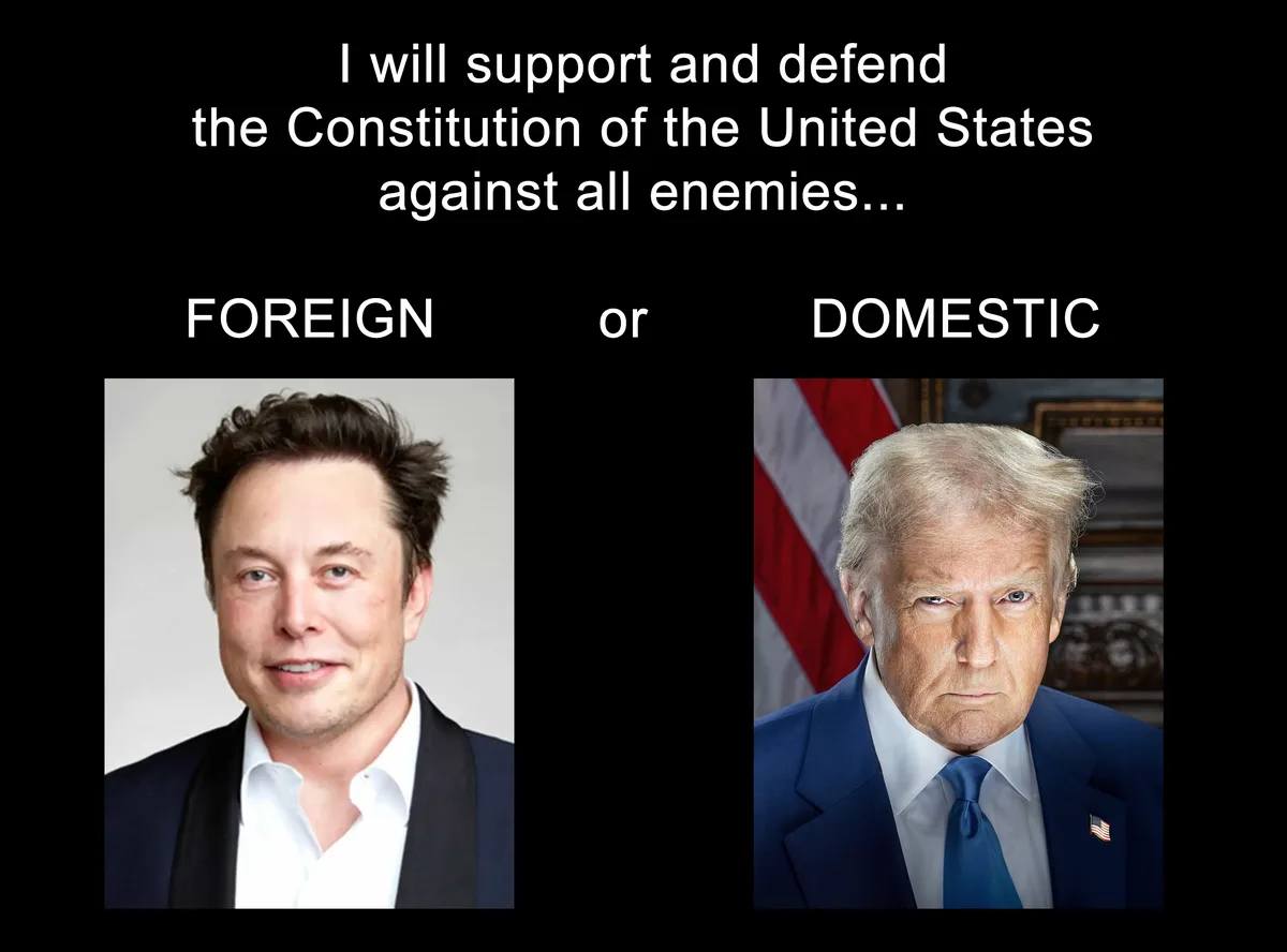 The image displays two side-by-side portraits: on the left, Elon Musk smiling in a dark suit and white shirt; on the right…