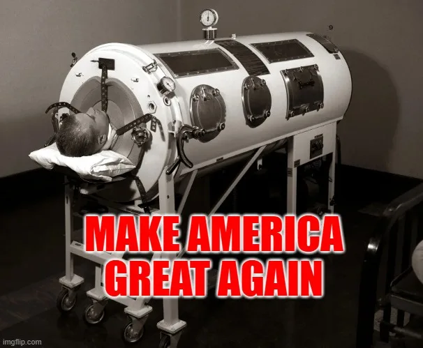 A black-and-white photo shows a person's head inside a large, old-fashioned iron lung medical device. The person's head is…