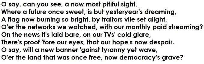 The image displays a block of text in a serif font, styled to resemble the lyrics of 'The Star-Spangled Banner,' but…