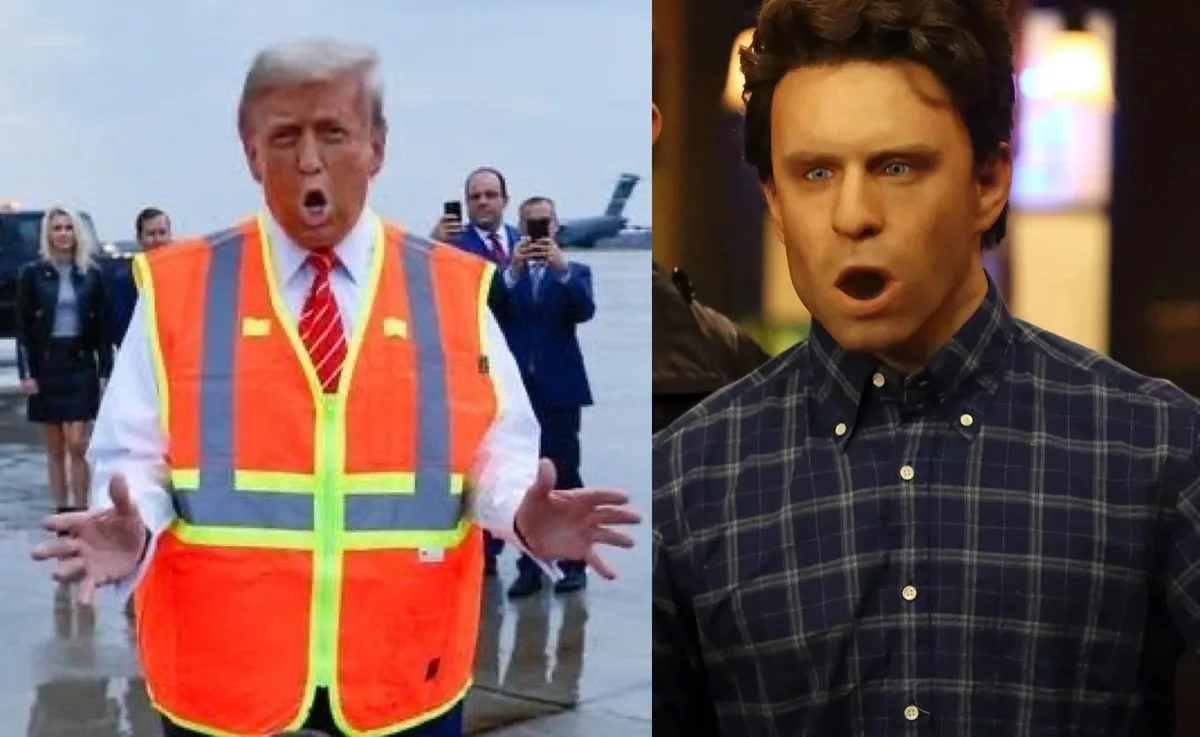 The image is a split-screen meme. On the left, Donald Trump wears an orange construction vest over a white shirt and red…