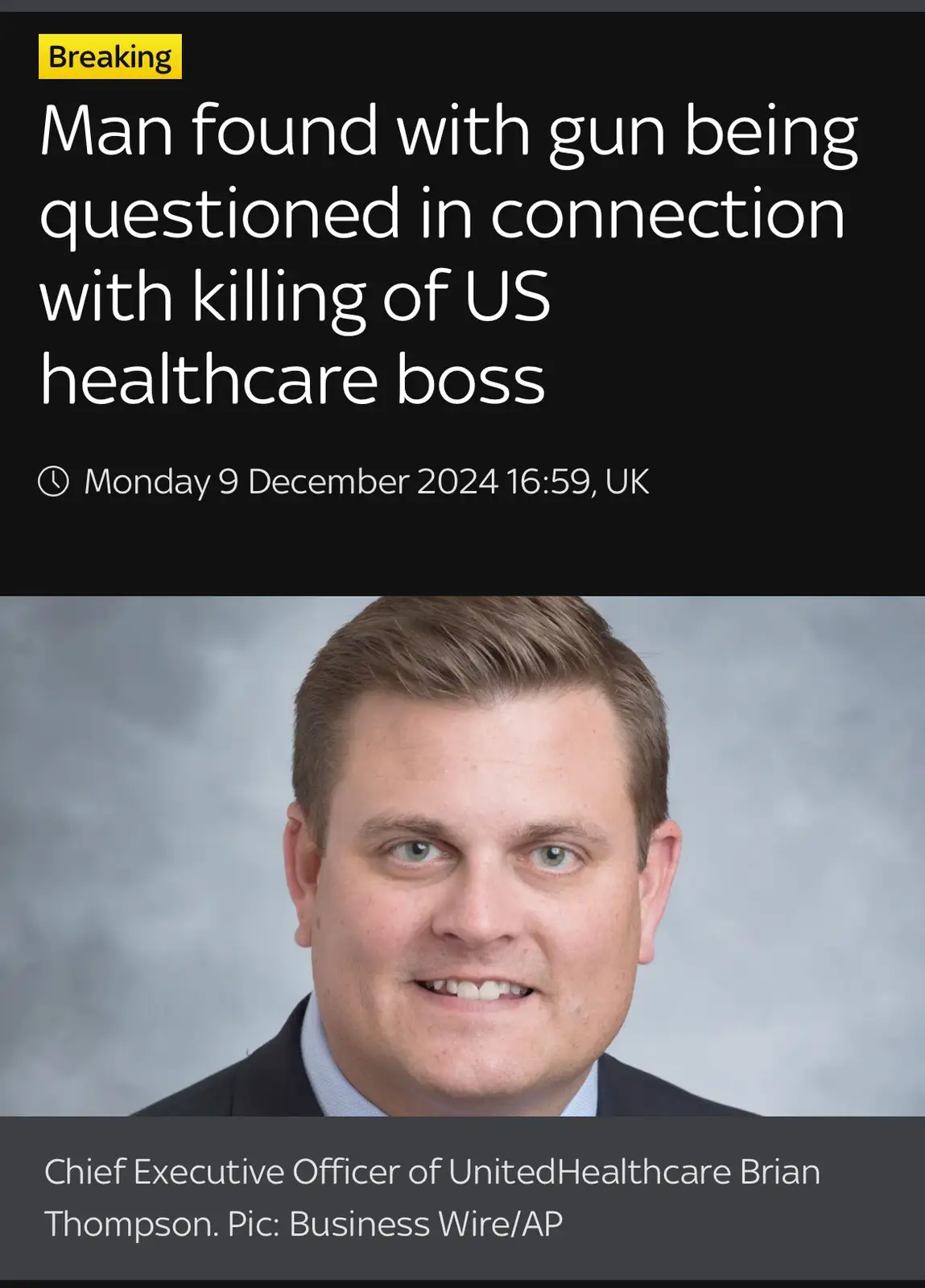 The image displays a professional headshot of Brian Thompson, identified as the CEO of UnitedHealthcare, overlaid with a…