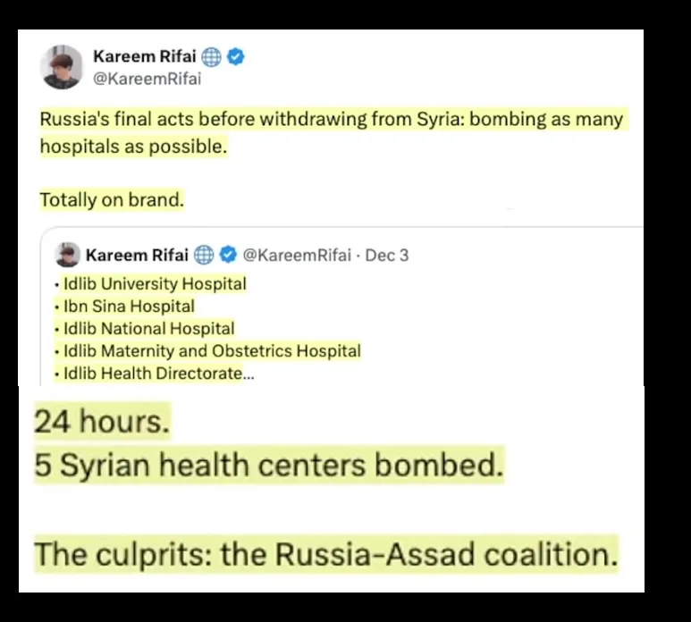 A screenshot of a tweet by Kareem Rifai showing a list of five Syrian hospitals bombed in 24 hours, with the text 'Russia's…