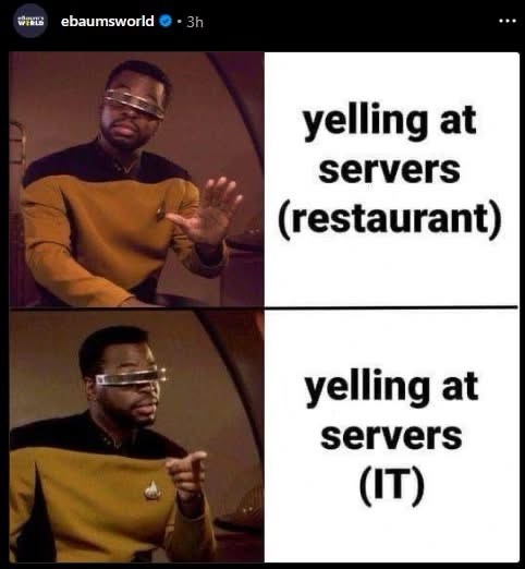 A two-panel meme featuring the same man in a Starfleet uniform from Star Trek, first gesturing calmly while text says…