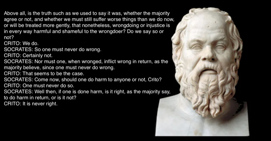 A marble bust of Socrates is shown against a black background, with a block of text from his dialogue with Crito overlaid on…