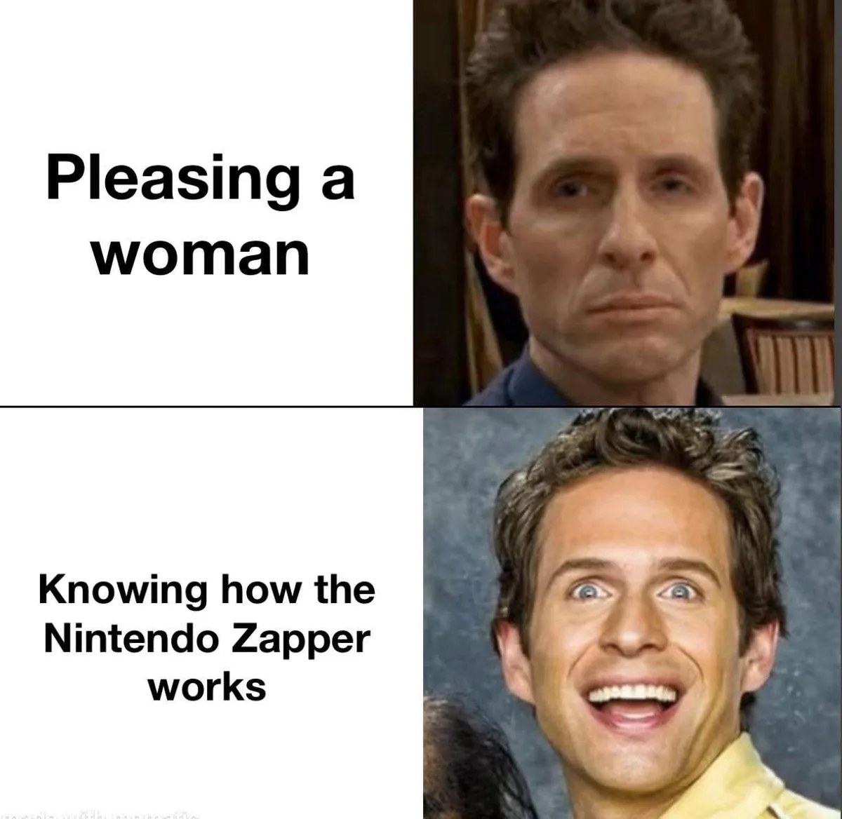 The image is a two-panel meme. The top panel shows a man with a confused, slightly annoyed expression, with the text…