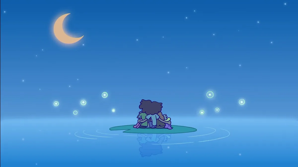 A cartoon character with dark curly hair sits alone on a lily pad in calm water under a crescent moon and stars. The…