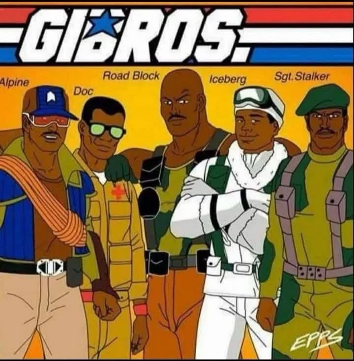The image shows five cartoon characters in military-style uniforms standing in a row under the title 'GIROS.' Each character…