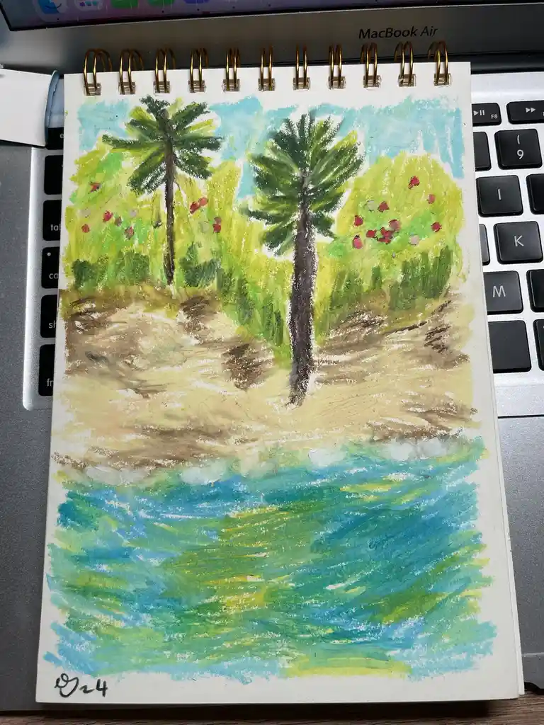 A childlike pastel drawing of a tropical beach scene with two palm trees, green foliage, and blue-green water, resting on a…