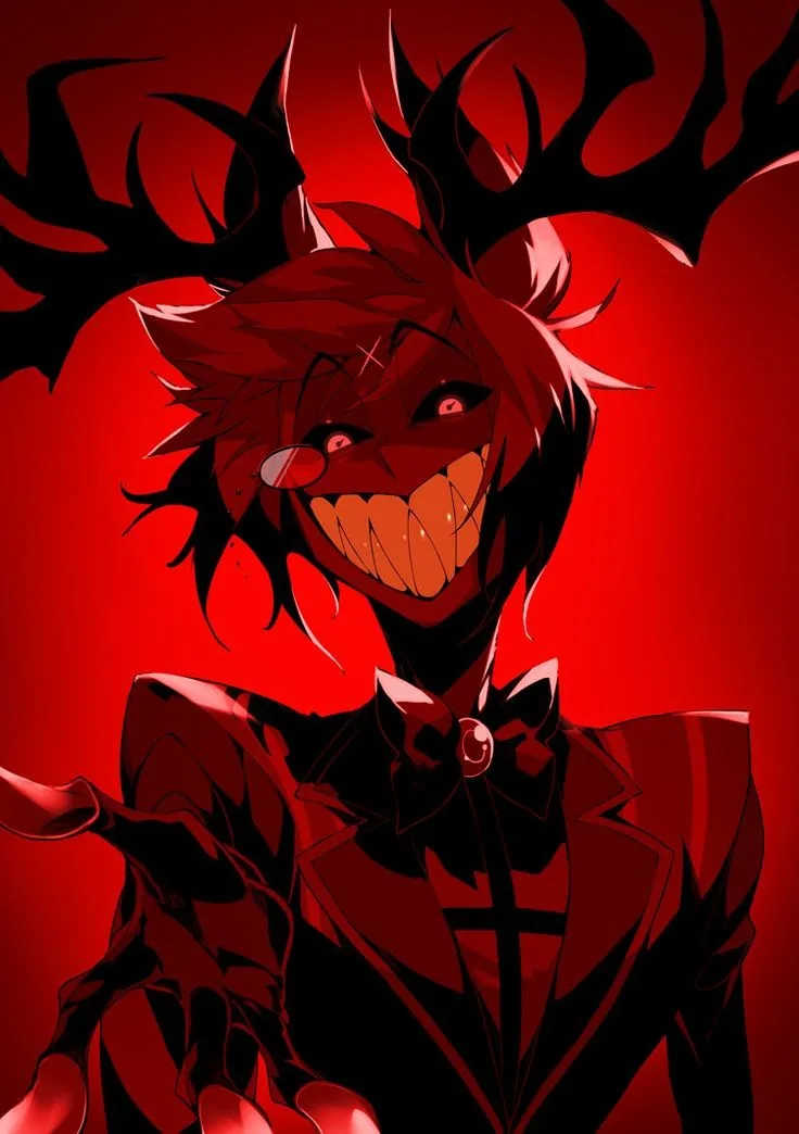 An anime-style illustration of a red-haired, demonic-looking character with large black antlers, glowing red eyes, and a…