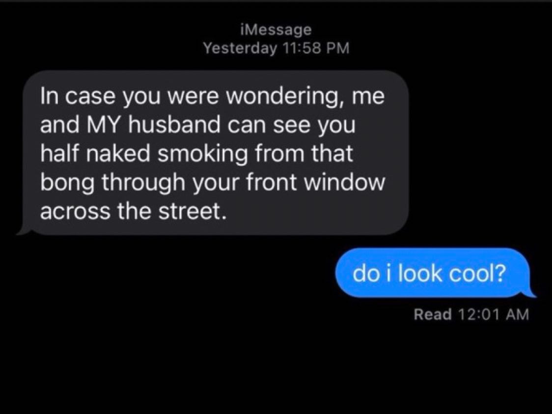 A screenshot of an iMessage conversation shows a dark gray message bubble with text stating that the sender and her husband…