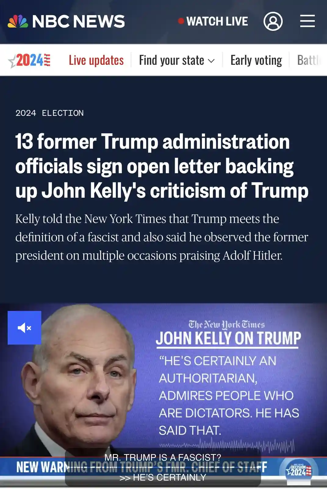 An NBC News screenshot shows a headline about 13 former Trump administration officials backing John Kelly's criticism of…