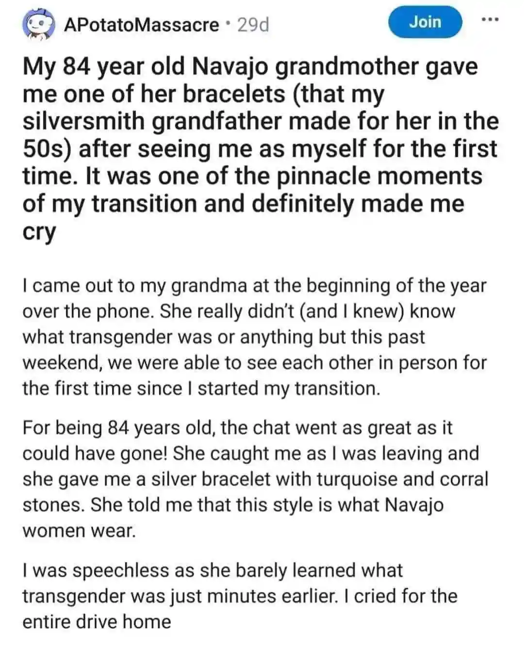 A Reddit post screenshot showing a user's emotional story about receiving a Navajo bracelet from their 84-year-old…