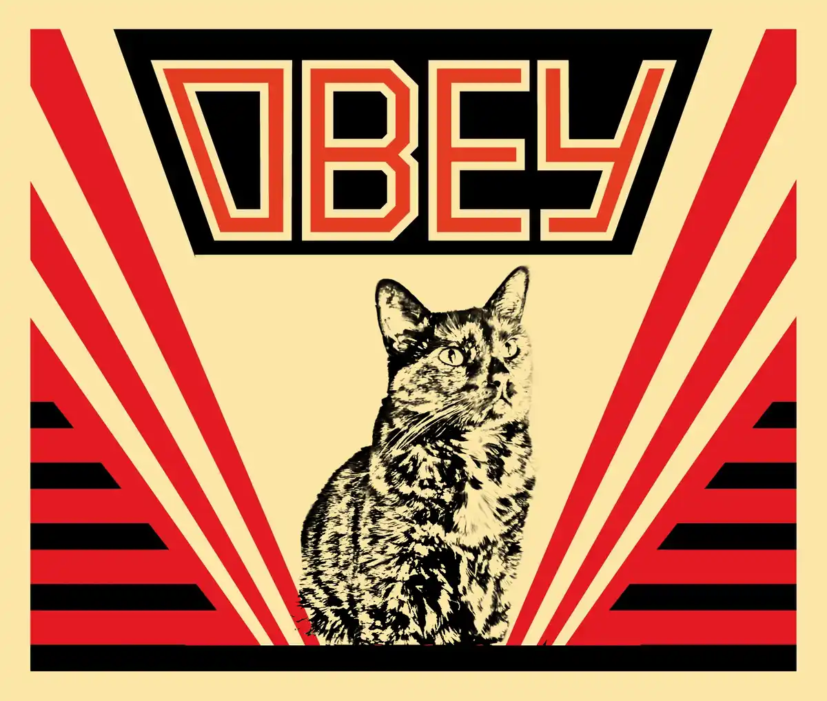 A stylized poster features a black-and-white illustration of a cat sitting upright, framed by bold red and black geometric…