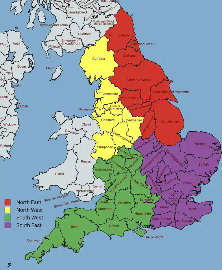 A map of the United Kingdom with counties colored in four regions: red for North East, yellow for North West, green for…