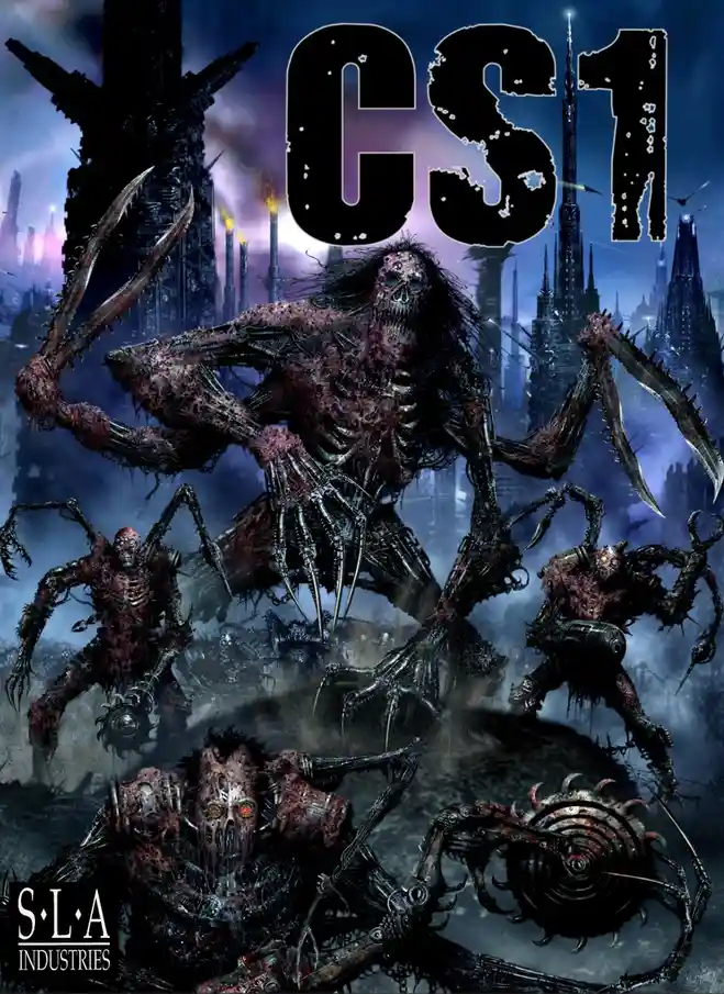 A dark, dystopian artwork features a large, monstrous skeletal creature with multiple arms ending in blades, surrounded by…