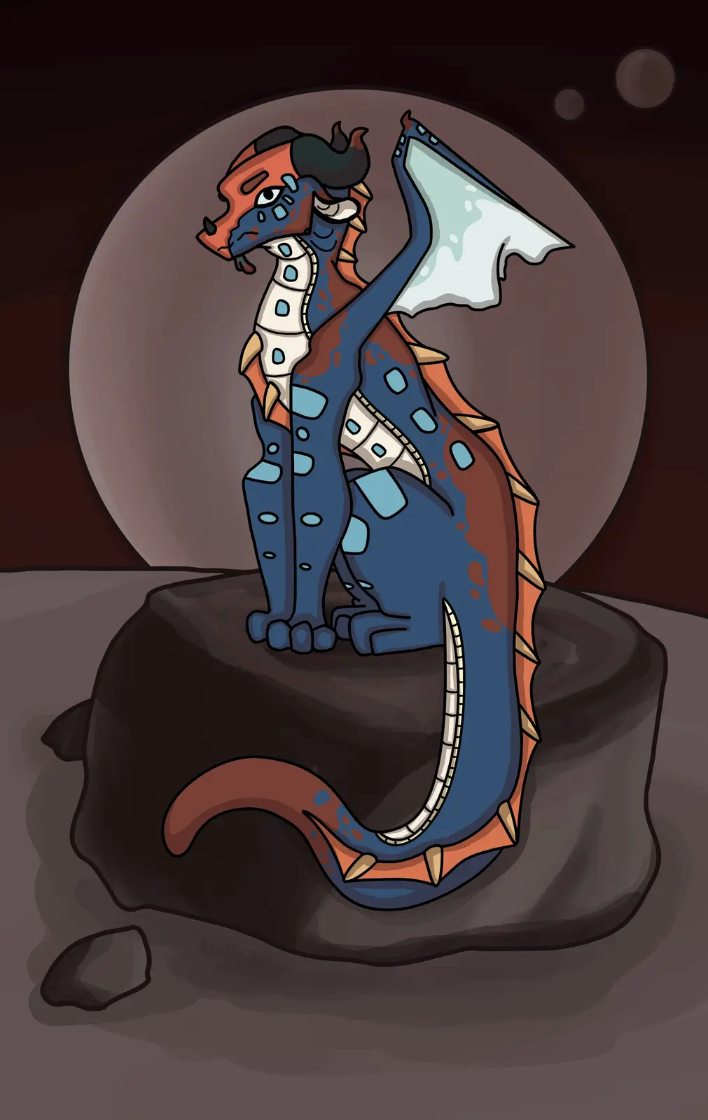 A cartoon dragon with blue and orange scales, white bone-like plates, and a single wing, sits on a dark rock. It holds up a…