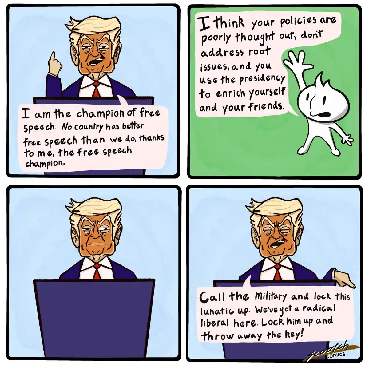 A four-panel comic strip shows a cartoon Donald Trump at a podium. In the first panel, he boasts about being the champion of…