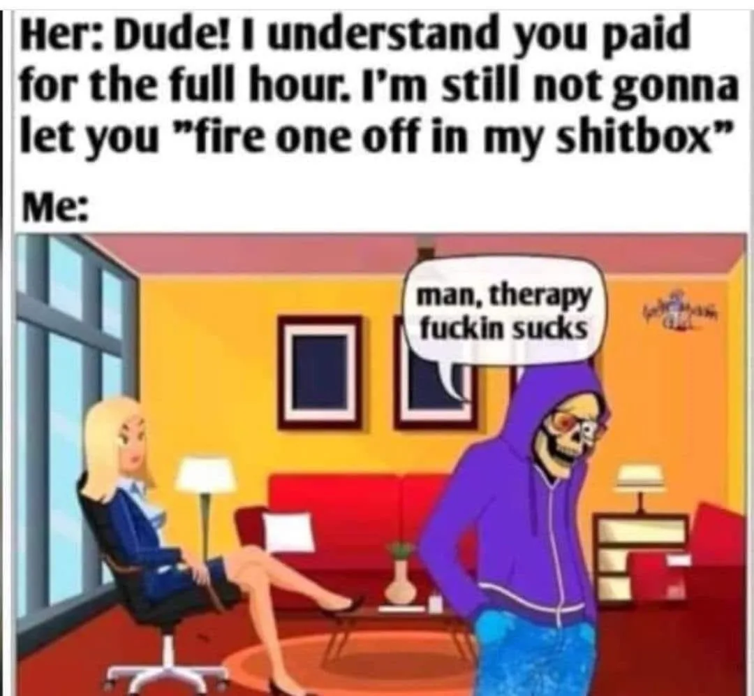 A cartoon depicts a woman in a business suit sitting in an office chair while a man in a purple hoodie with a skull face and…