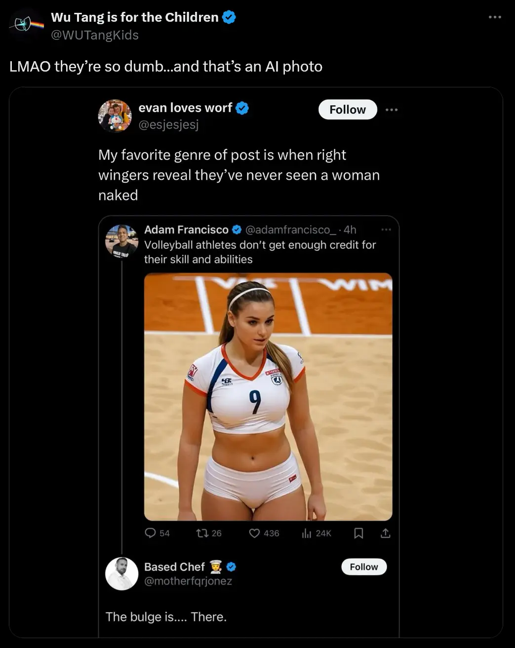 A screenshot of a Twitter thread where a user named 'Wu Tang is for the Children' comments on a post by 'evan loves worf'…