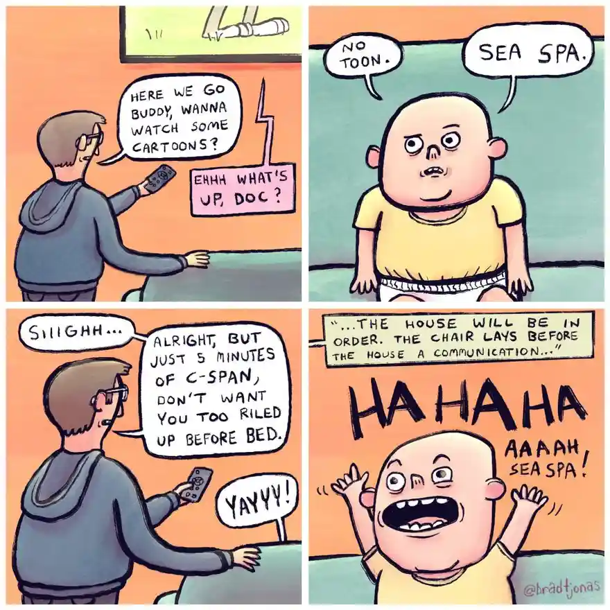 A four-panel comic strip shows a man offering to watch cartoons with a baby, who mishears 'cartoons' as 'sea spa'. The man…