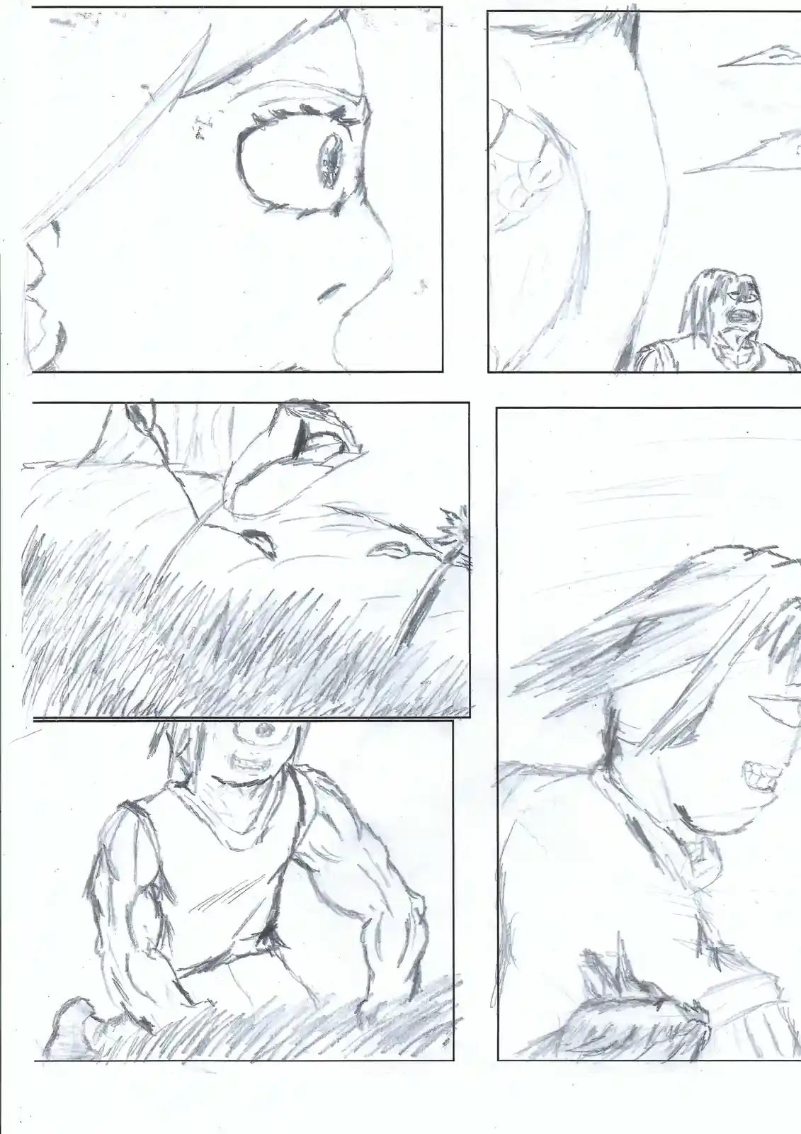 A hand-drawn comic strip in black and white shows a character with a single visible eye, looking down at a grassy field…