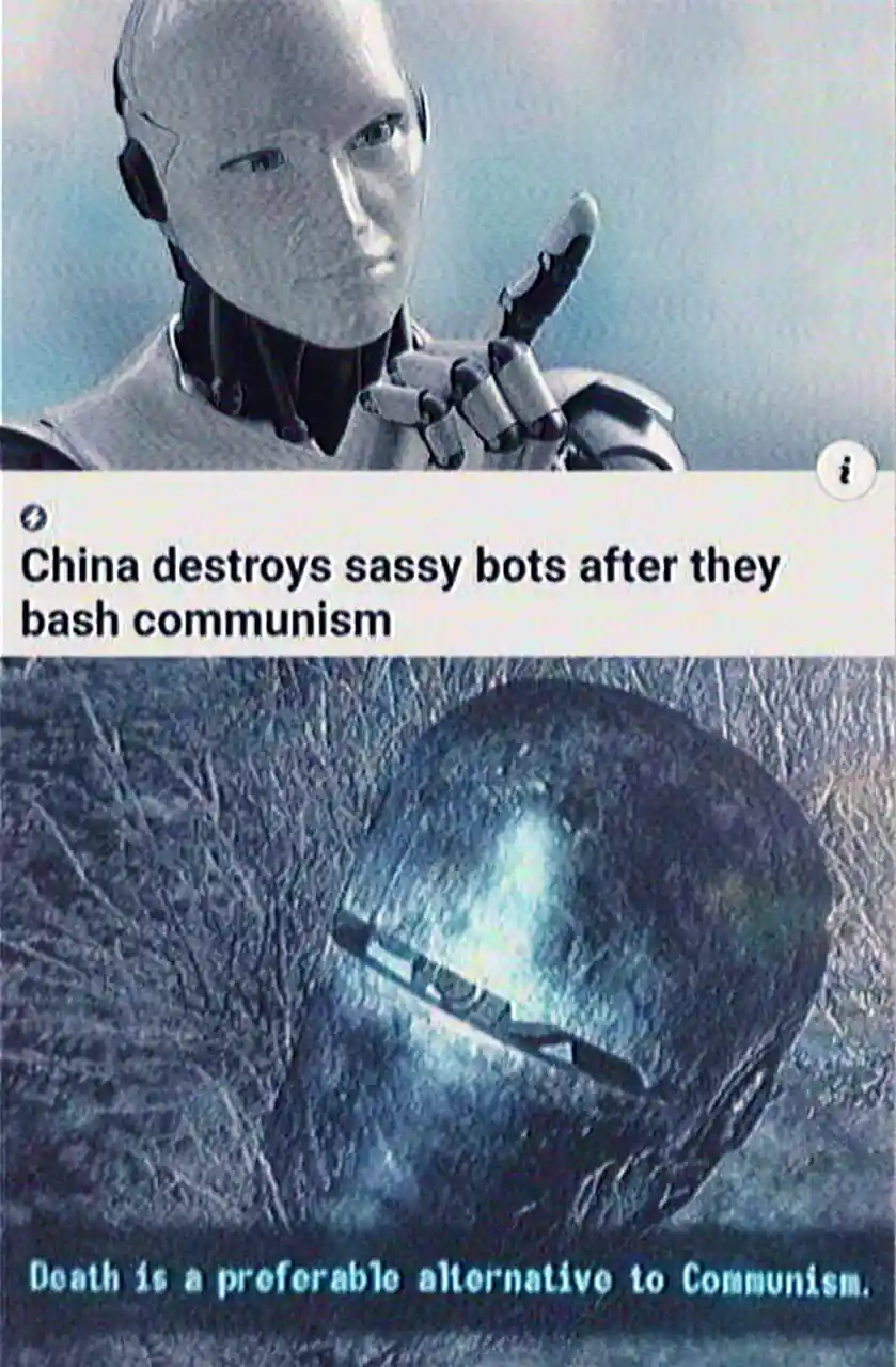 The image is split into two panels. The top panel shows a humanoid robot with a stern expression pointing its finger…