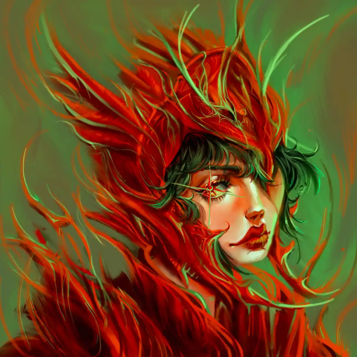 A digital painting of a woman with dark hair and intense eyes, her hair and aura rendered in vibrant red and orange flames…
