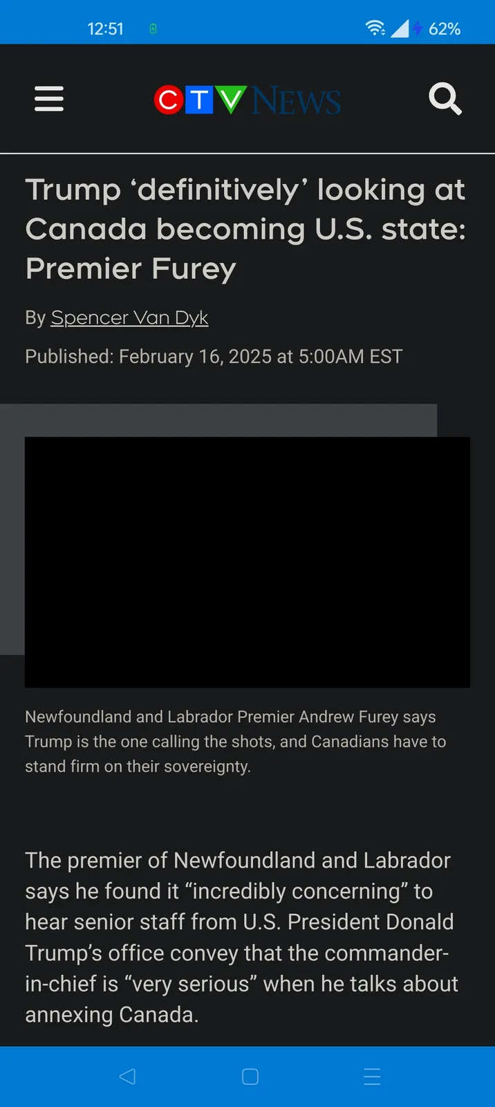 A screenshot of a CTV News article from February 16, 2025, reporting that Newfoundland and Labrador Premier Andrew Furey…