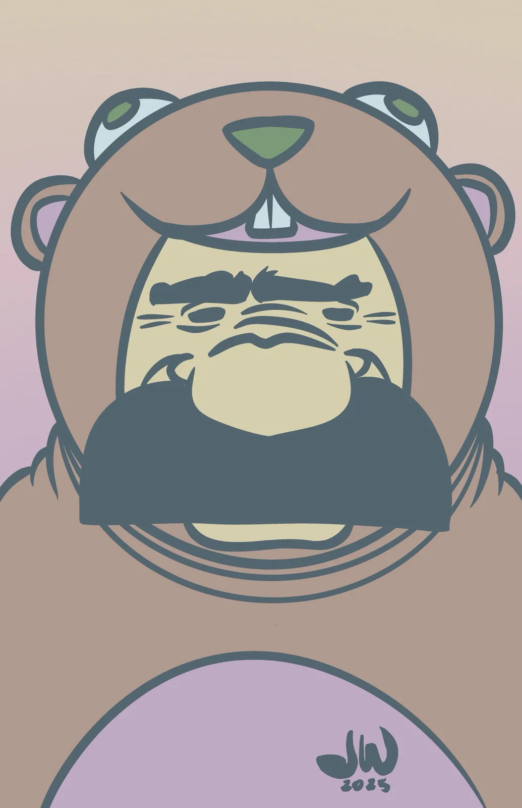 A cartoon beaver with a large, angry human face superimposed on its head, featuring furrowed brows, a scowl, and a thick…