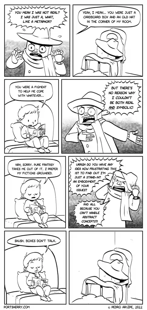 A black-and-white comic strip shows a cartoon cowboy character reacting with increasing frustration to being told he was…