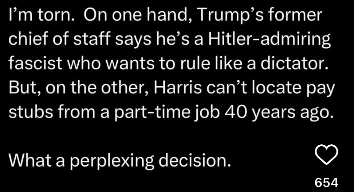 A black background with white text presents a satirical dilemma: choosing between a severe political accusation against…