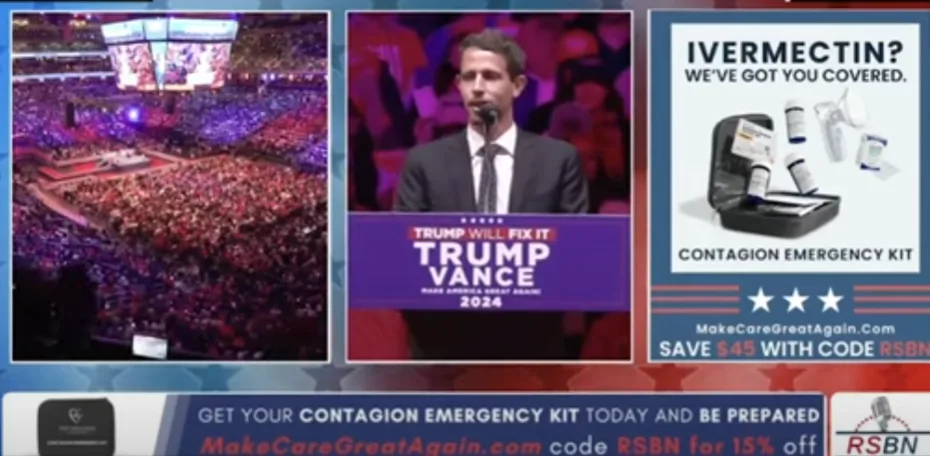 A split-screen image shows a large political rally on the left, a man speaking at a 'TRUMP VANCE 2024' podium in the center…