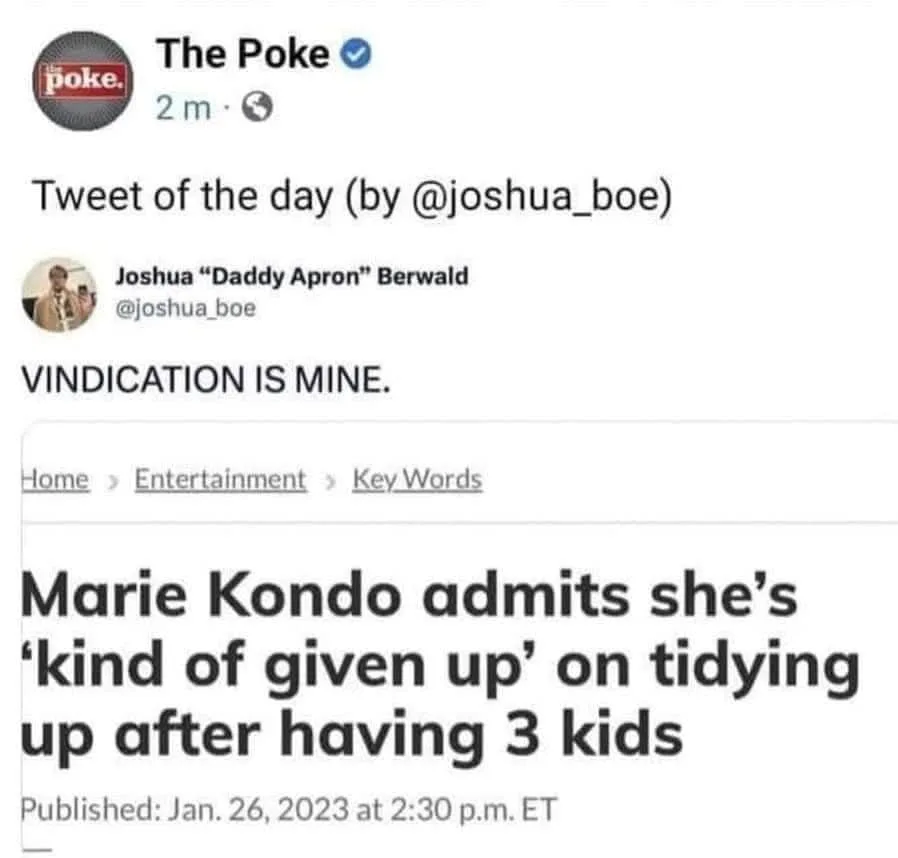 A screenshot of a Twitter post by 'The Poke' featuring a tweet from Joshua 'Daddy Apron' Berwald that reads 'VINDICATION IS…