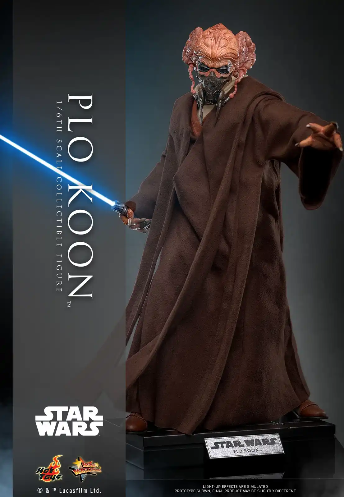 A promotional image for a 1/6th scale collectible figure of the Star Wars character Plo Koon, shown in his brown Jedi robes…