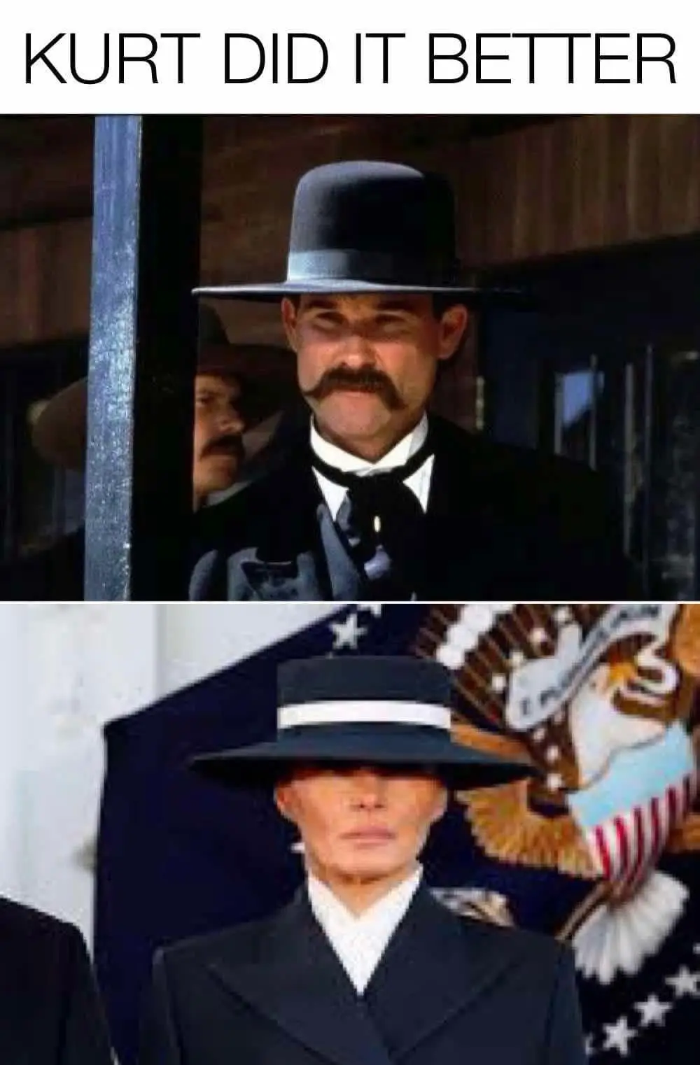The image is split into two panels. The top panel shows a man with a mustache and a black bowler hat, looking sternly at the…