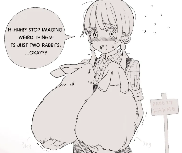 An anime-style girl with short hair and earrings is holding two very large, plump rabbits, each labeled '3kg'. She looks…