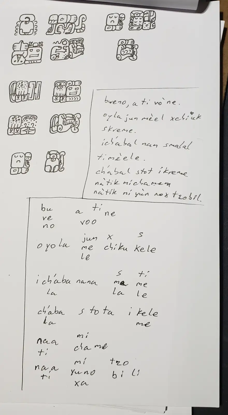 A handwritten page shows stylized Mayan glyphs arranged in rows, with two handwritten sections of text. The top section…