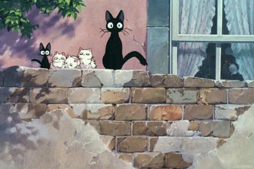This image is a six-panel sequence from the 1993 Studio Ghibli film 'My Neighbor Totoro,' showing a large black cat and…