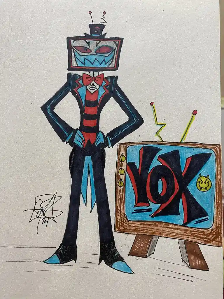 A hand-drawn cartoon depicts a menacing, anthropomorphic television set with a square head, red eyes, and a jagged grin…