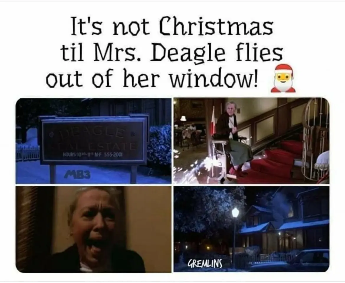 A four-panel image collage from the movie 'Gremlins' showing a real estate sign for 'Deagle Real Estate', Mrs. Deagle…