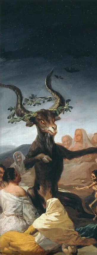 a classical painting depicts a large black goat with curved horns adorned with greenery, standing upright among robed…