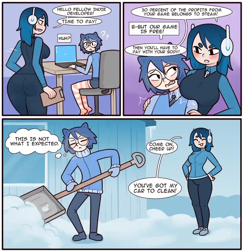 A three-panel comic shows a blue-haired woman in a business suit confronting an indie game developer about Steam's 30%…