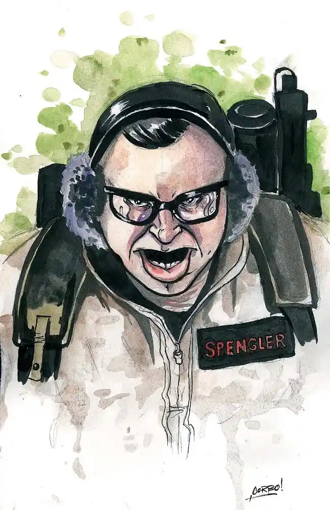 A watercolor illustration of the character Egon Spengler from Ghostbusters, depicted with an angry, yelling expression…
